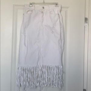 Distressed white jean skirt